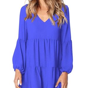 Long sleeve v-neck blue tunic mini dress